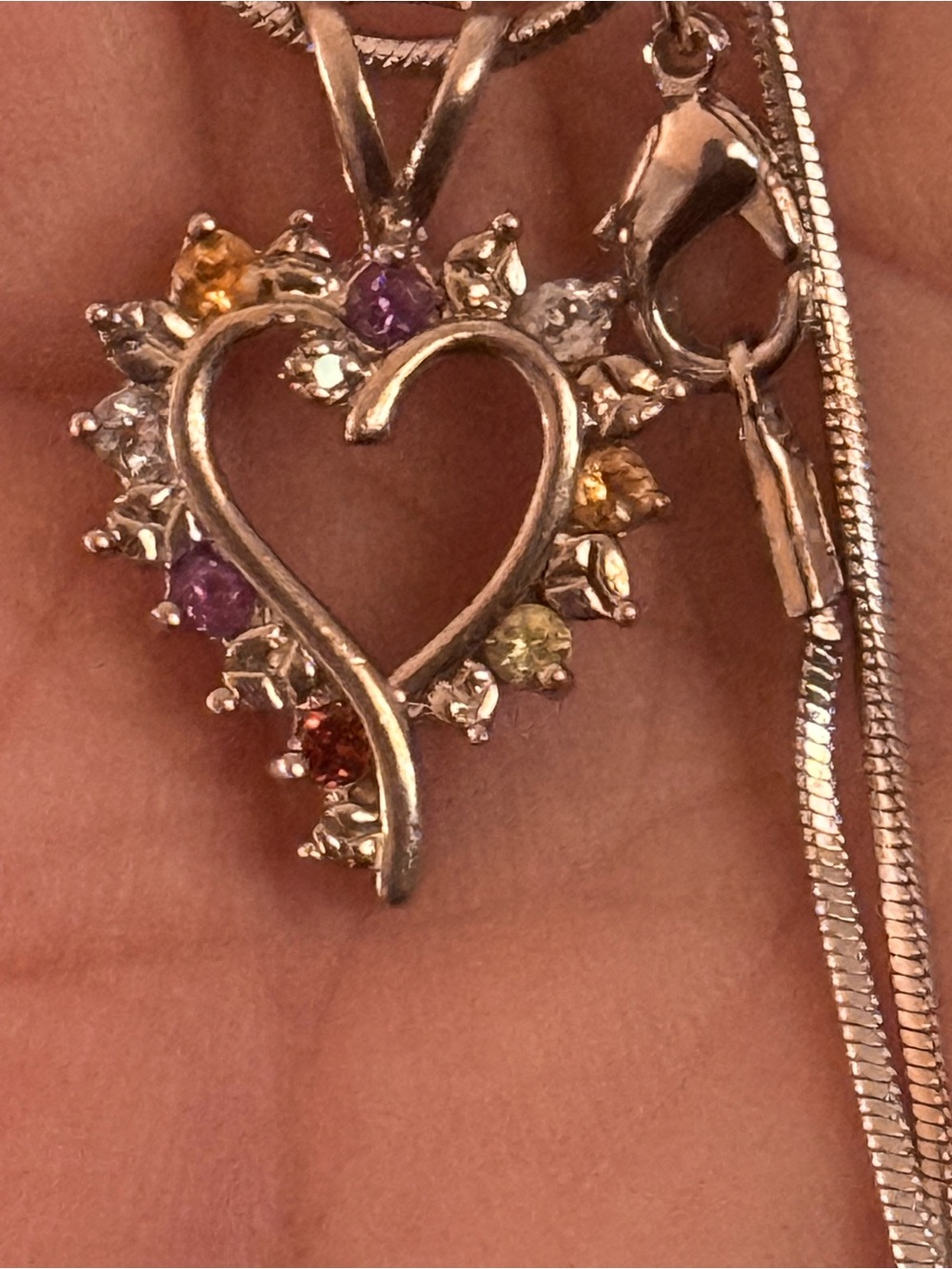 .925 Silver Heart Pendant Necklace with Multicolor Gemstones